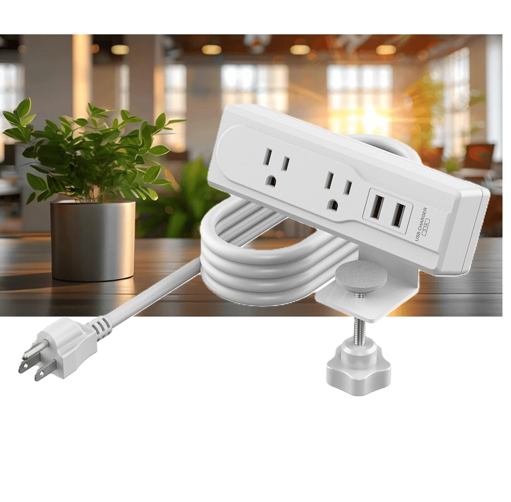Clamp-On Desk Power Outlet - 2 AC Outlets + 2 USB Ports, White, Integrated Power Cord | DMS-001