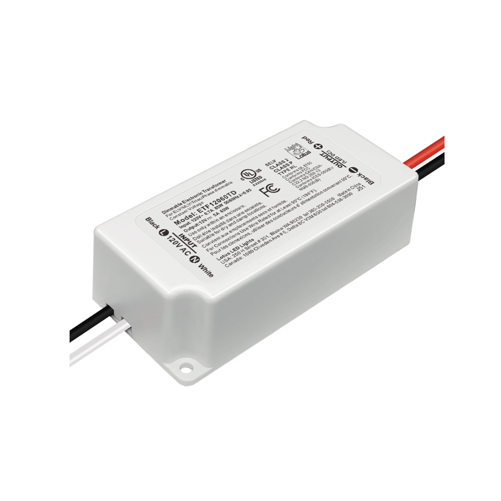 Product Display Visual of the SKU: ETF12060TD for Marketing of theLotus 12V DC 60W Mini Electronic Transformer Triac Dim 120VAC | ETF12060TD