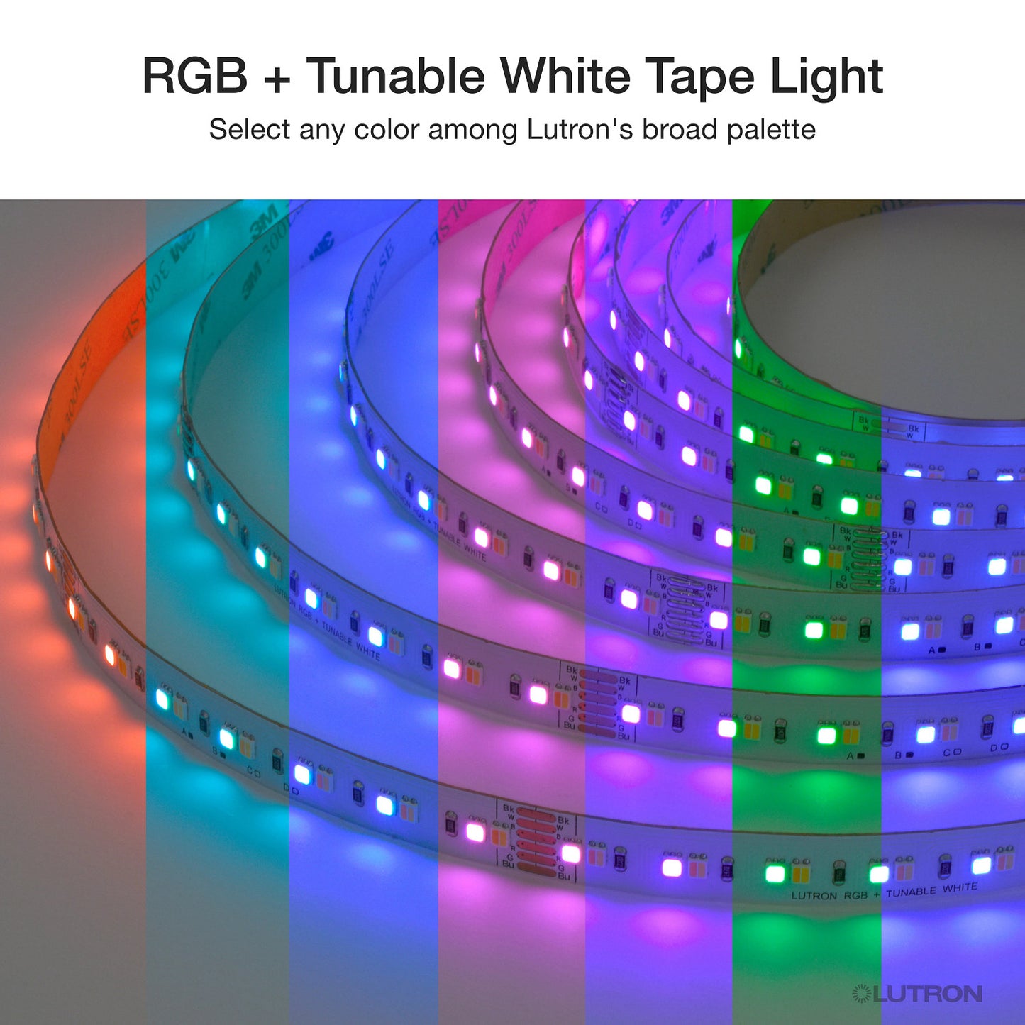 Lutron Lumaris RGB + tunable white tape light system overview, SKU LU-T05-RT-IN