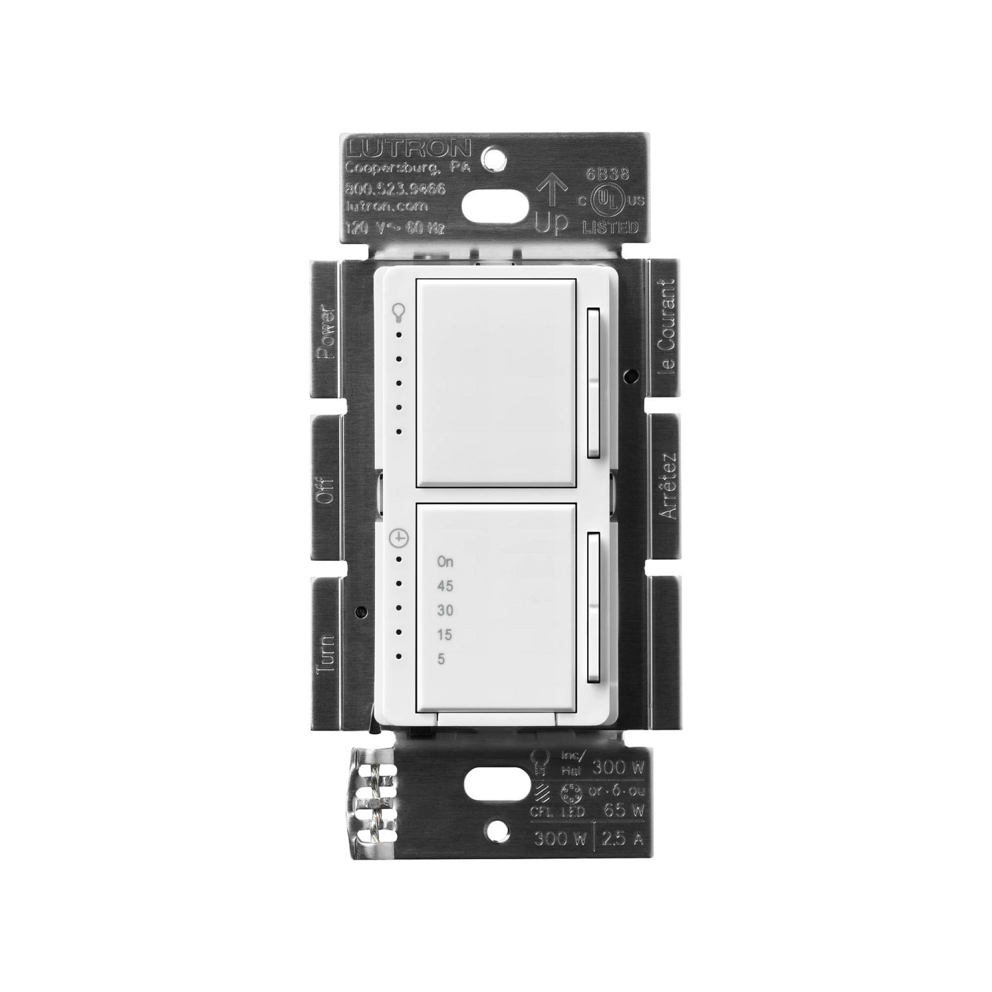 Product Display Visual of the SKU: MACL-L3T251B-WH for Marketing of theLutron Maestro Dual Control - LED+ Dimmer & Countdown Timer | MACL-L3T251B