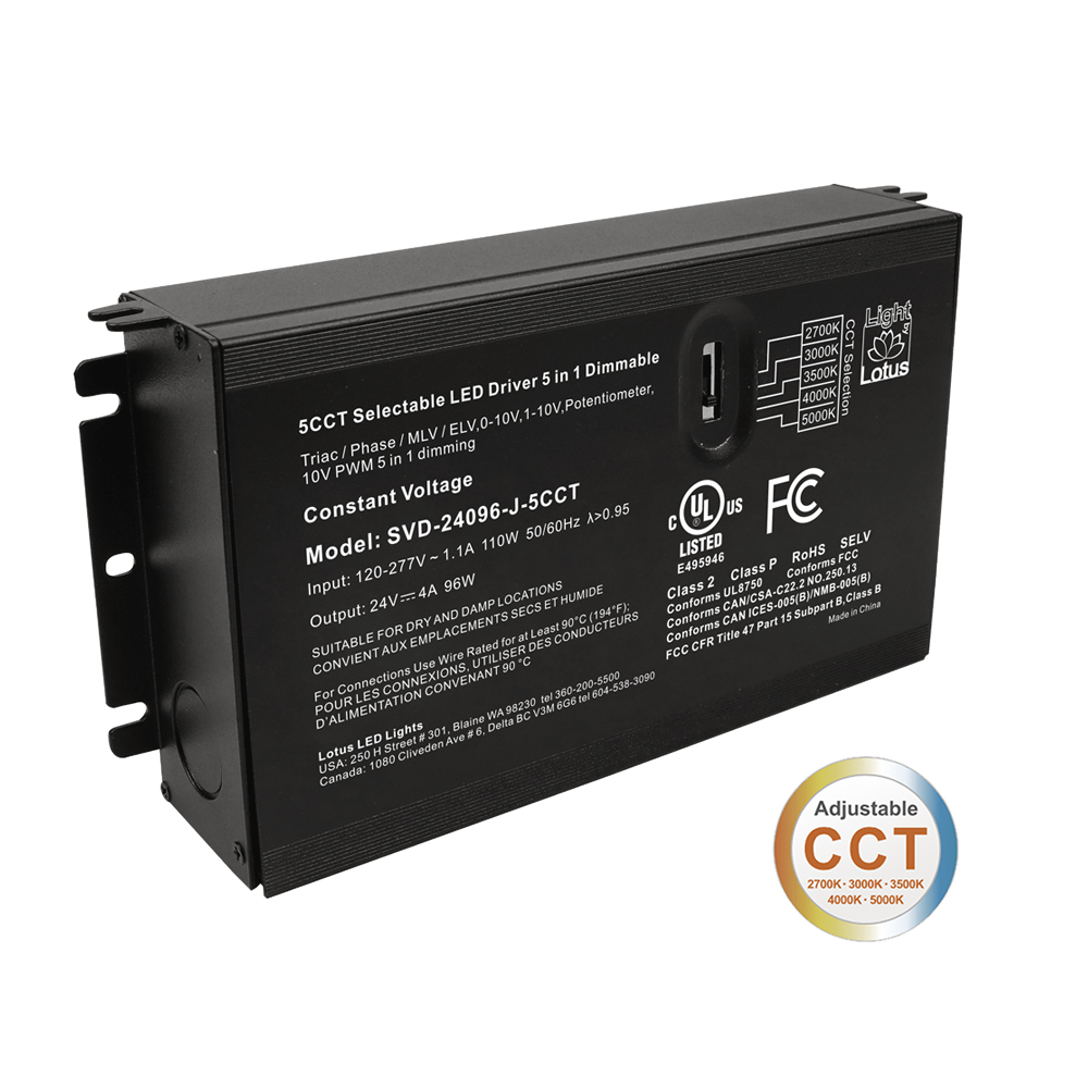 Product Display Visual of the SKU: SVD-24096-J-5CCT for Marketing of theLotus 5CCT Selectable 24V 96W 120-277V Driver 5-in-1 Dimmable | SVD-24096-J-5CCT