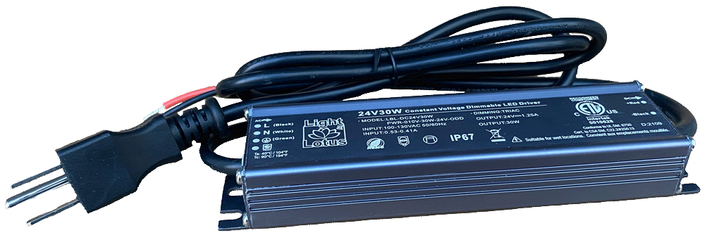 Product Display Visual of the SKU: LBL-DC24V30W-PLUG for Marketing of theLotus 24V 60W 5-in-1 Dimmable cULus Driver with Built-in Wiring Chambers 120-277V Wet | LBL-DC24V30W-PLUG