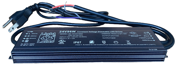 Product Display Visual of the SKU: LBL-DC24V96W-PLUG for Marketing of theLotus 24V 96W Class 2 Driver with Plug 120V Input Triac / 0-10V Dim Wet | LBL-DC24V96W