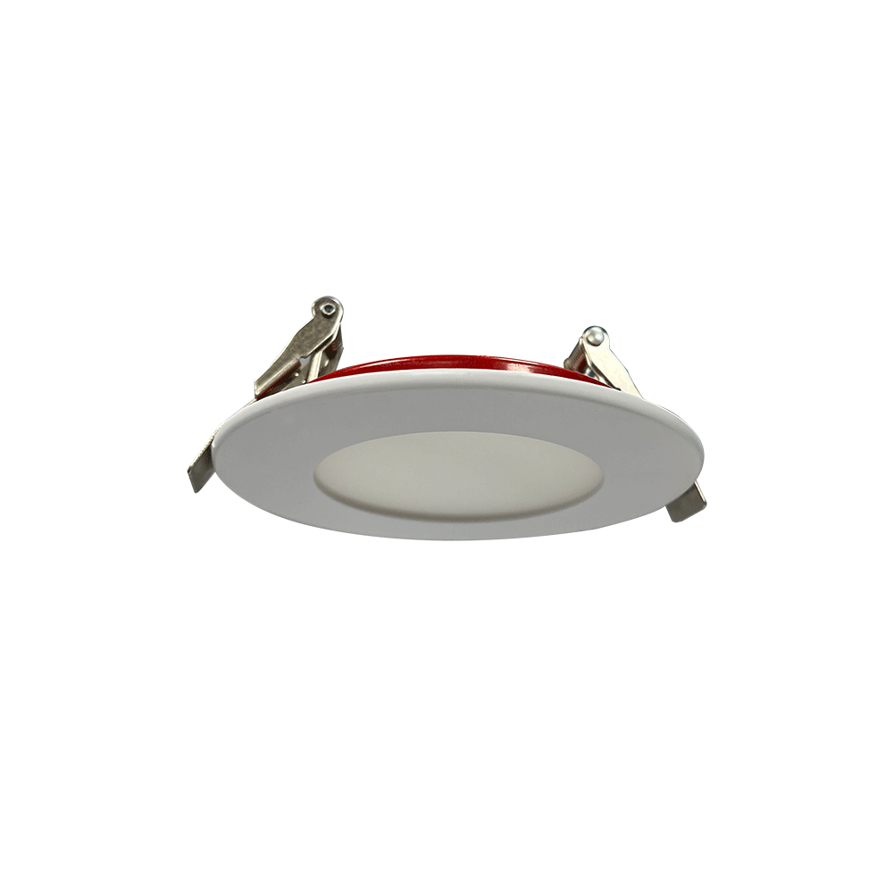 Product Display Visual of the SKU: LFR-4R-FE-9W-5CCT for Marketing of theLotus 4" Round Flat Edgelit LED 2-Hour Fire Rated 9W 5CCT Air-Tight Type IC Wet CRI 90+ | LFR-4R-FE-9W-5CCT