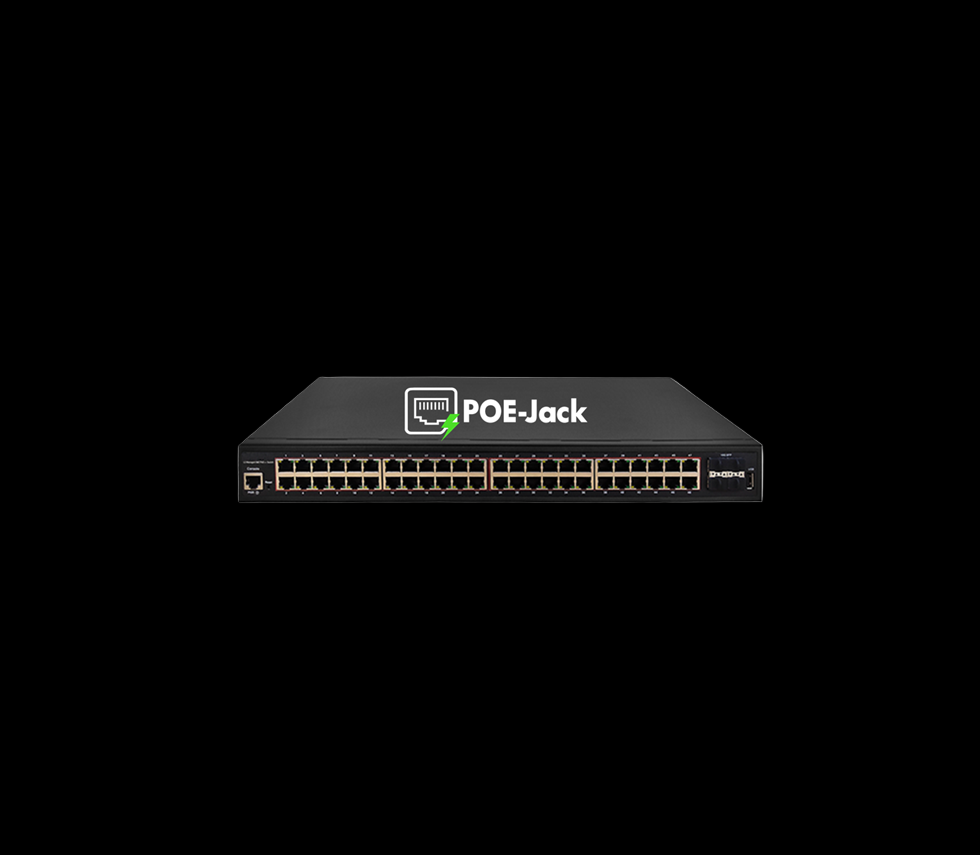 Product Marketing Image of Simply Secured SKU: POEJK-S48-750E by Vendor Grid Networking Product Grid POE-Jack® 48-Port PoE+/PoE++ Switch | 750W Budget, 4x10G SFP+ Uplinks, 90W Ports 1-4 | POEJK-S48-750E
