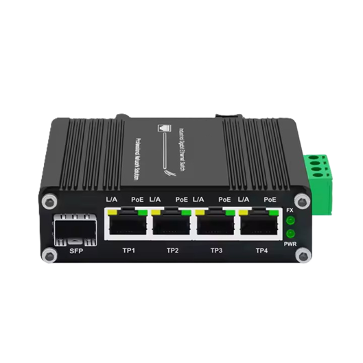 Product Marketing Image of Simply Secured SKU: POEJK-S4SFP-120 by Vendor Grid Networking Product Grid Industrial Gigabit PoE Switch | 4 PoE Downlink Ports + 1 SFP Uplink | POEJK-S4SFP-120