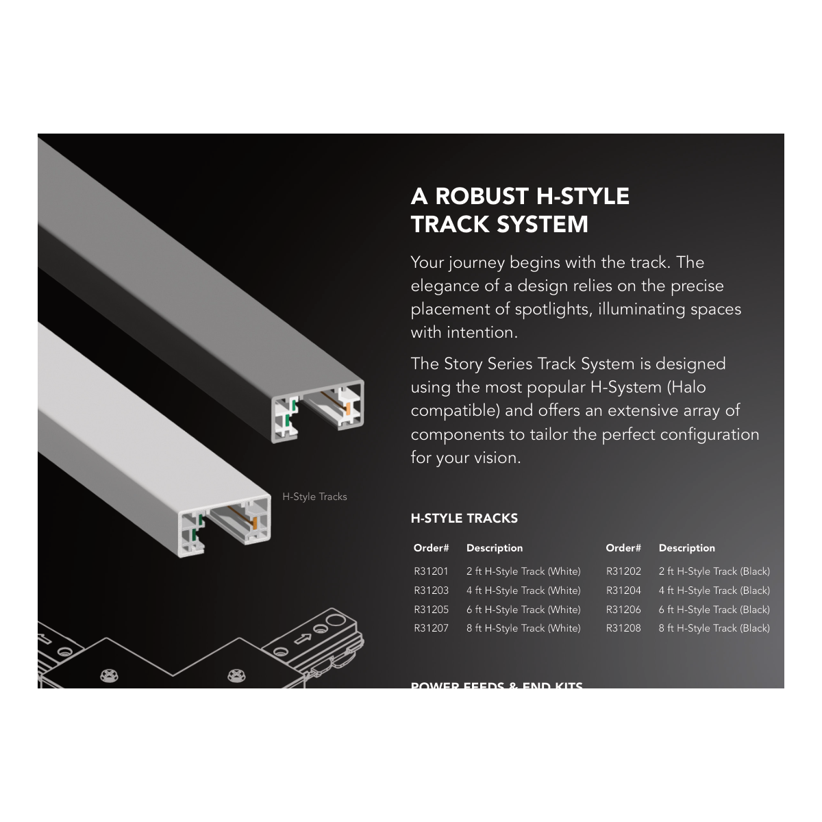 RENO STORY H-type track system, white and black single-circuit rails with 2ft, 4ft, 6ft and 8ft ordering options; track rail sold separately