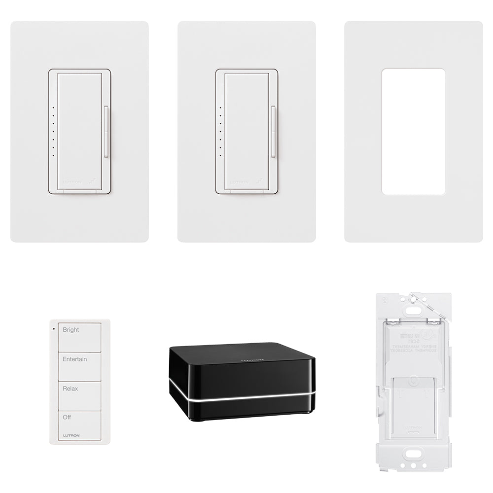 Product Display Visual of the SKU: RR-SEL-KIT-1 for Marketing of theLutron RA2 Select Starter Kit: (2) Dimmers, 4-Button Pico, and Repeater | RR-SEL-KIT-1