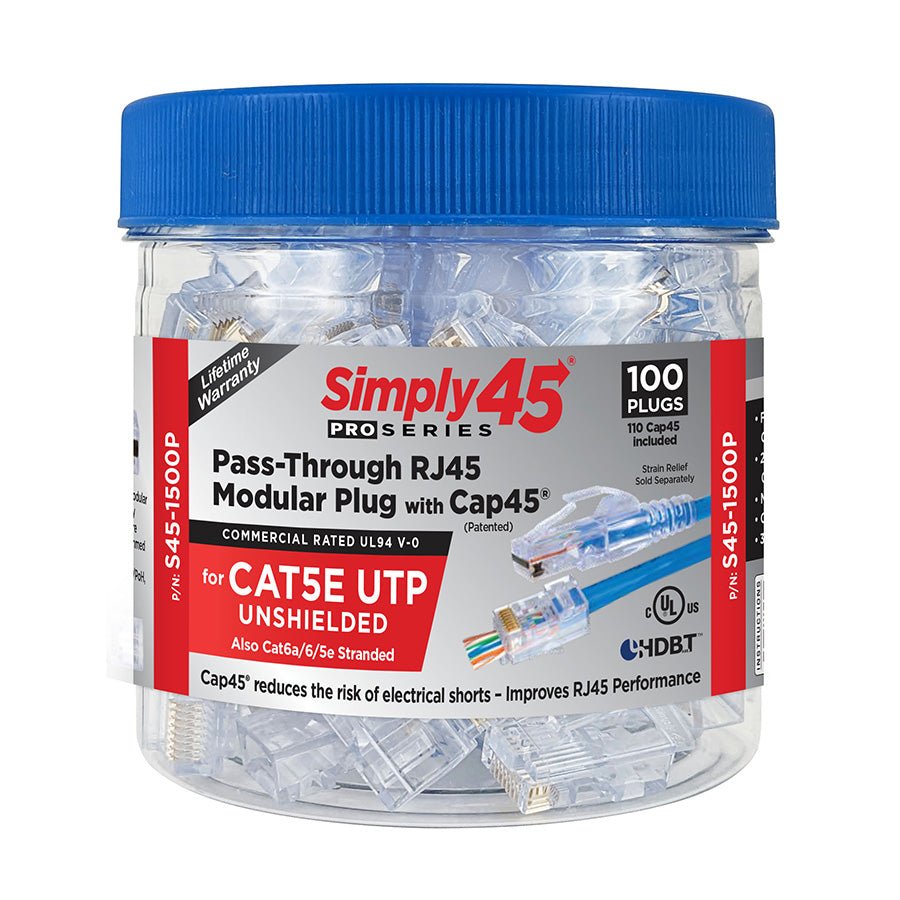 S45 - 1500P | ProSeries® Cat5e Unshielded Pass - Through RJ45 Modular Plugs 100pc/jar - Simply Controlled