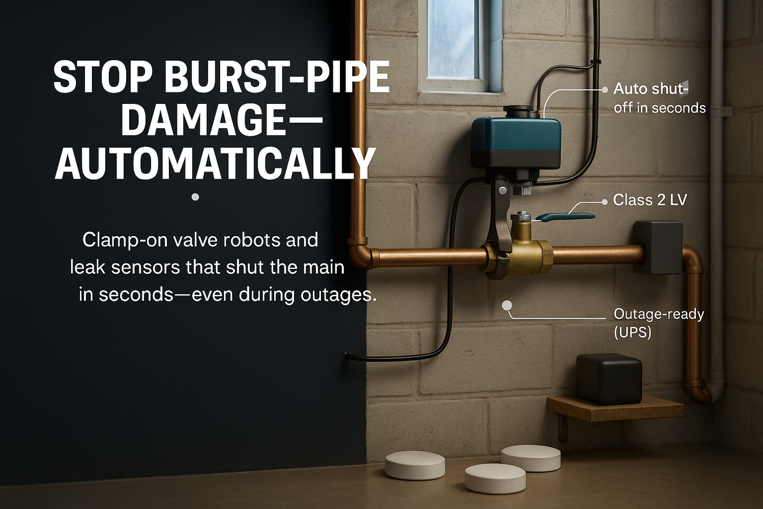 EcoNet leak protection Canada — clamp-on valve robot on a copper main with leak sensors and UPS in a Canadian basement (winter window).