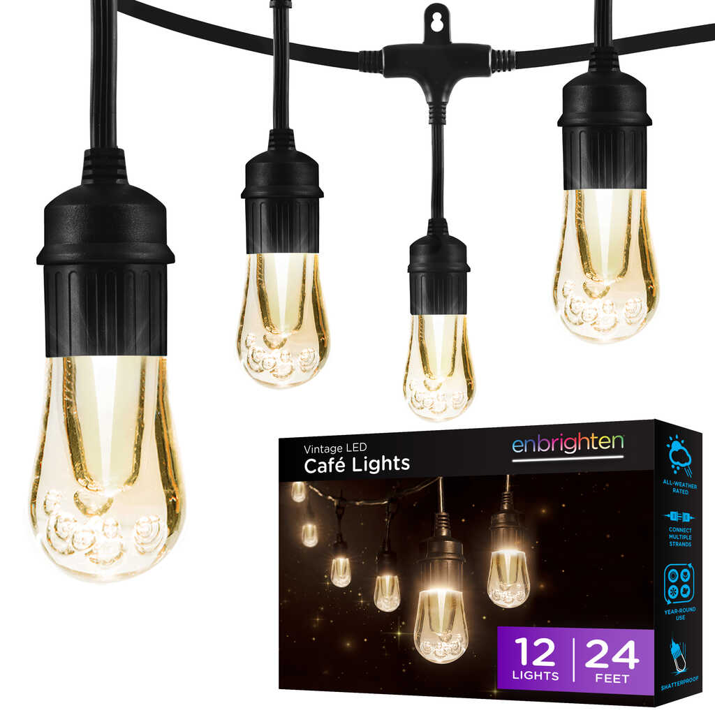 Enbrighten Vintage LED Cafe Lights, 12 Bulbs, 24ft | 35629