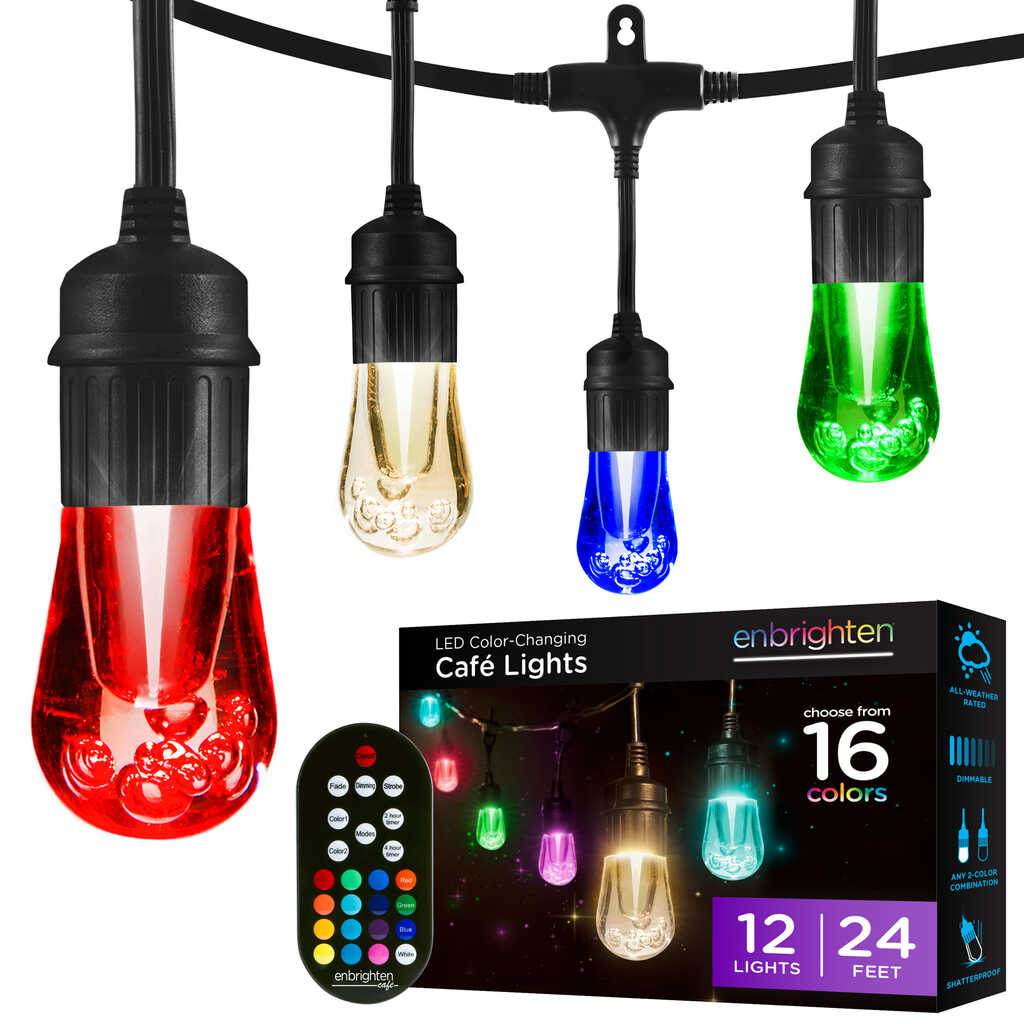 Enbrighten Seasons Color-Changing Vintage LED Cafe Lights, 12 Bulbs, 24ft | 37791