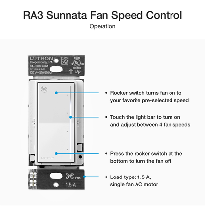 Lutron RadioRA 3 Sunnata RF Fan Speed Control - 1.5A 4-Speed Quiet Control (White) | RRST-ANF-WH