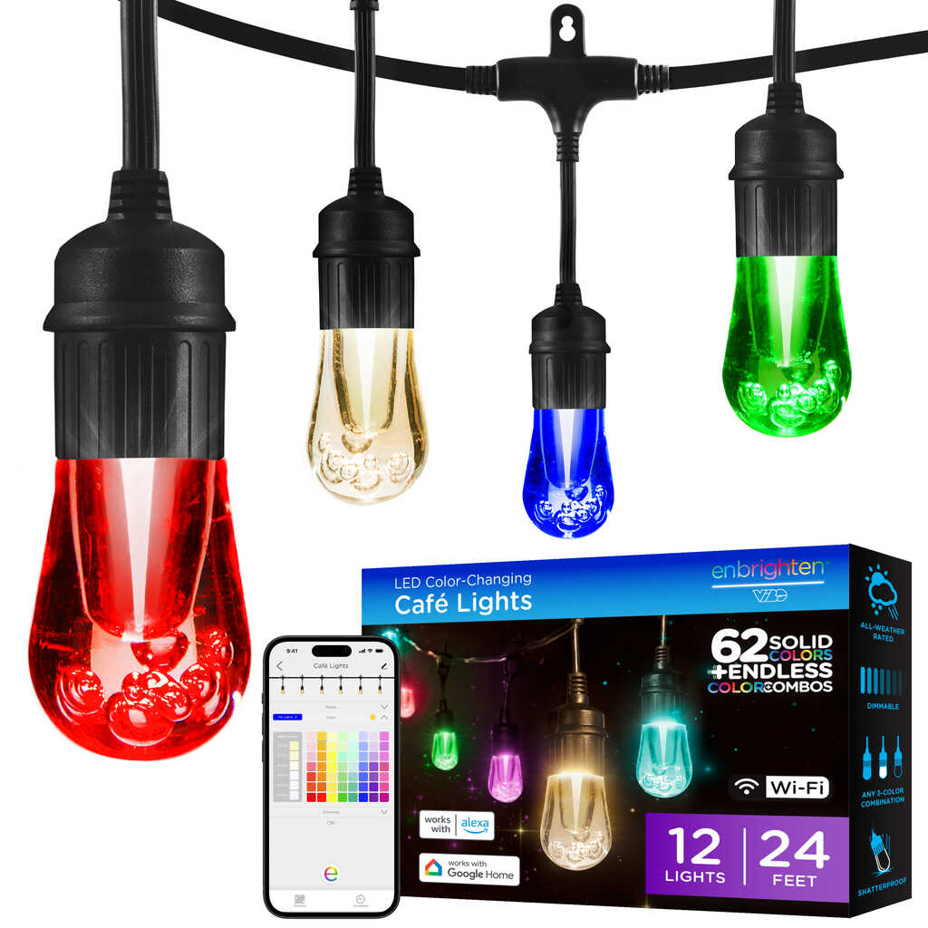 Enbrighten WiFi VIBE Vintage Color-Changing LED Cafe Lights, 12 Bulbs, 24ft | 57414