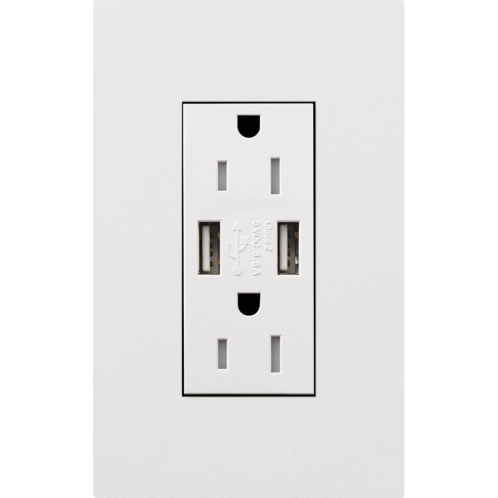 Lutron New Architectural 15A Tamper-Resistant USB-A Duplex Receptacle, Self-Testing, Wall Plate Included, Matte Finish |  NTR-15-UBTR