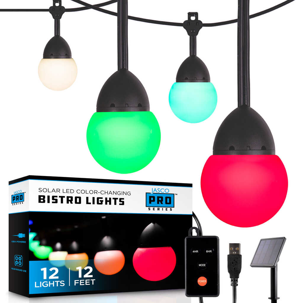 JascoPro Series USB LED Cafe Lights, Color Select, 12ft + Solar Panel | 66881