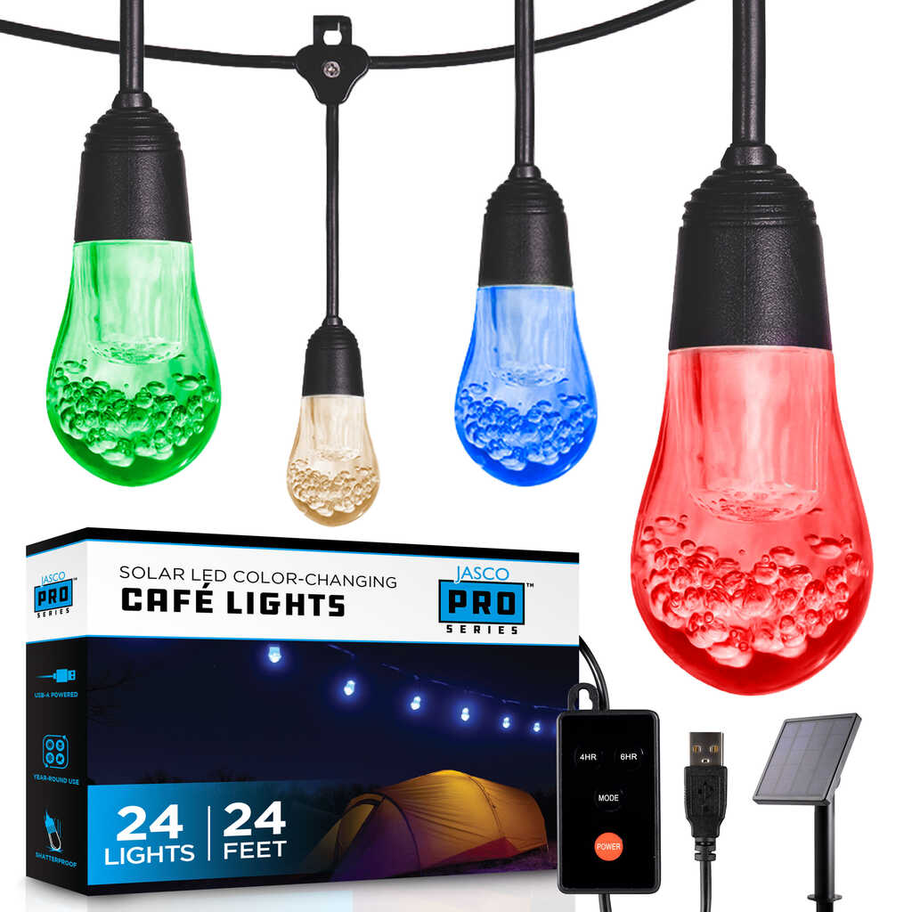 Product Display Visual of the SKU: '66882 for Marketing of theJascoPro Series USB LED Cafe Lights, Color Select, 24ft + Solar Panel | 66882