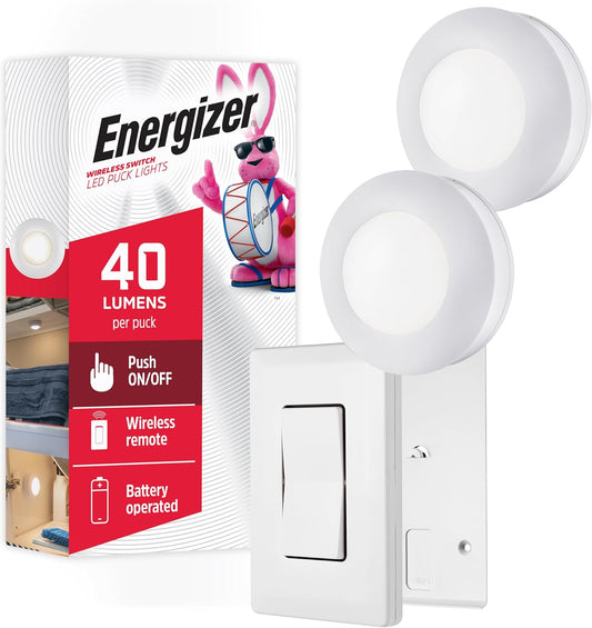 Lotus Energizer Battery Operated LED Puck Light With Wall Switch Remote, 2 Pack, White | 58822-T1