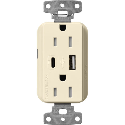 Lutron Claro CAR-15-ACTR-AL USB-A + USB-C PD duplex receptacle, gloss finish, Almond