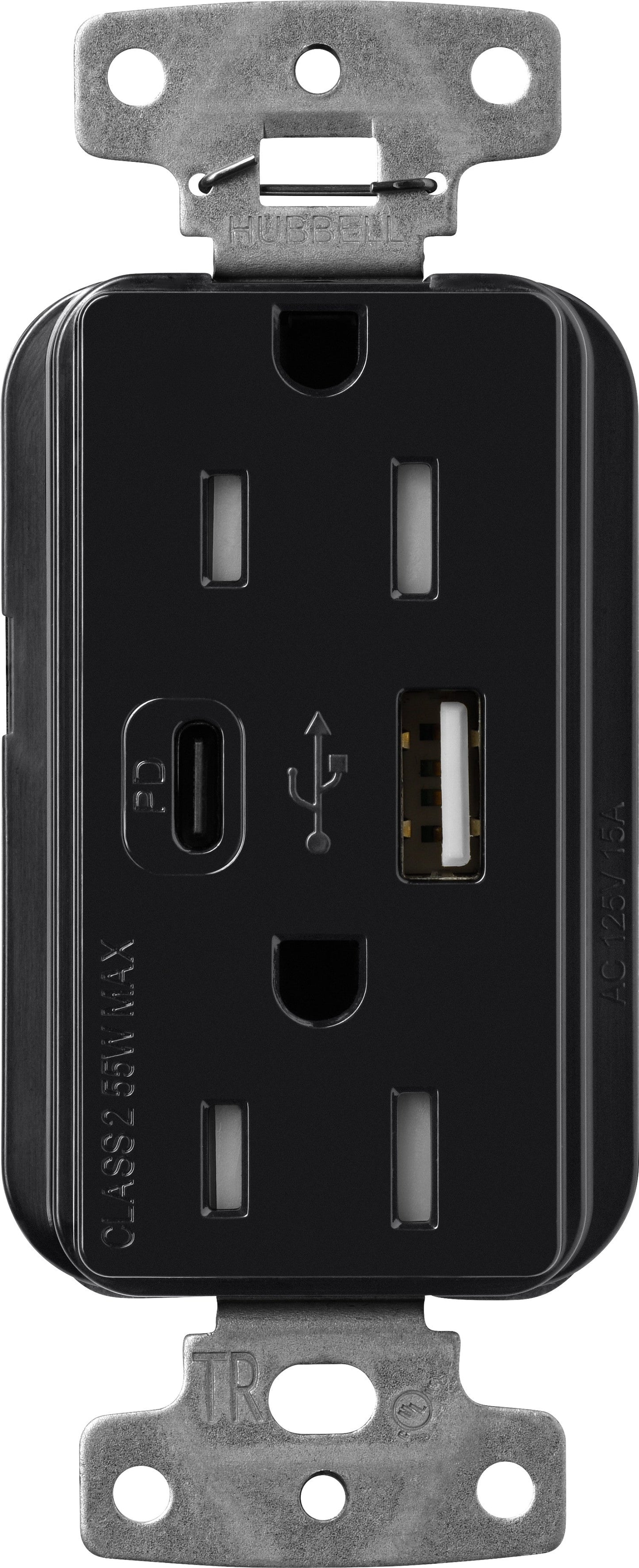 Lutron Claro CAR-15-ACTR-BL USB-A + USB-C PD duplex receptacle, gloss finish, Black