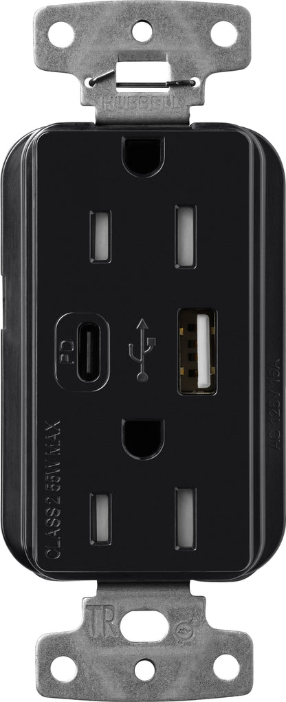 Lutron Claro CAR-15-ACTR-BL USB-A + USB-C PD duplex receptacle, gloss finish, Black