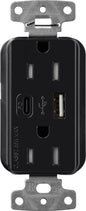 Lutron Claro CAR-15-ACTR-BL USB-A + USB-C PD duplex receptacle, gloss finish, Black