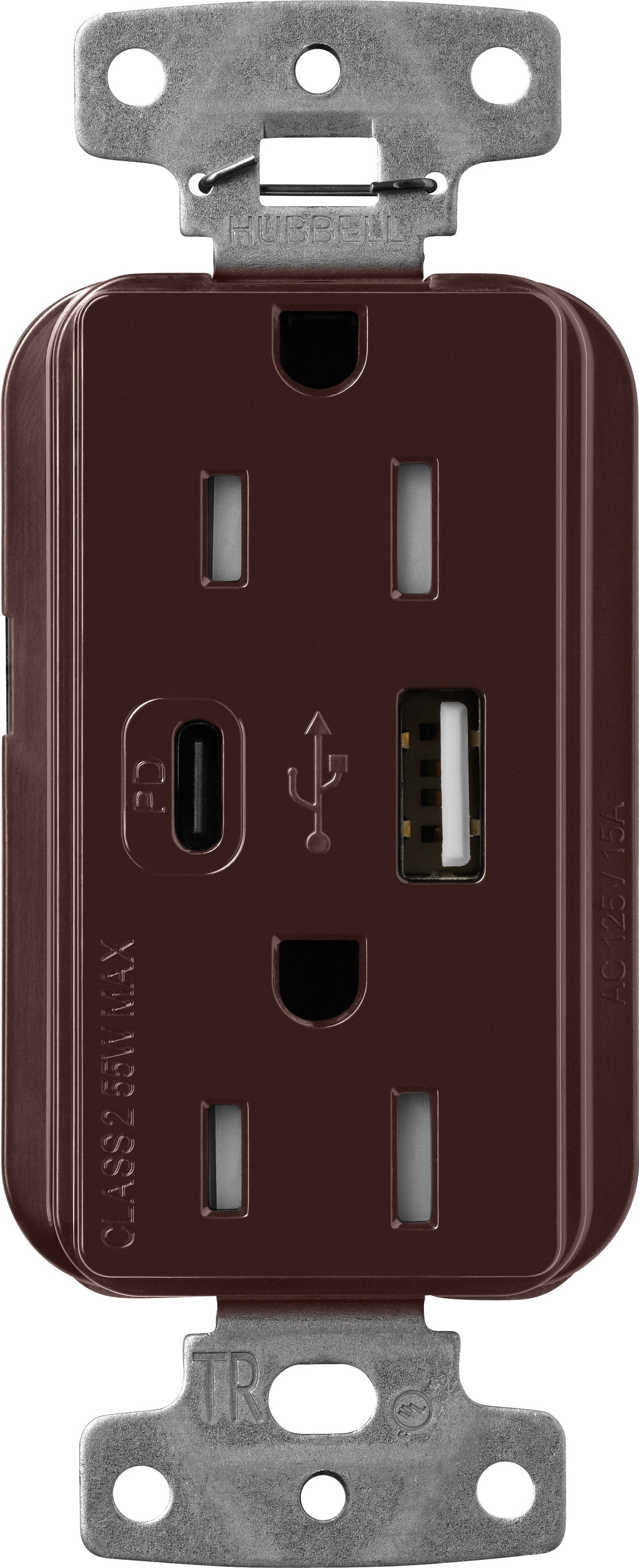 Lutron Claro CAR-15-ACTR-BR USB-A + USB-C PD duplex receptacle, gloss finish, Brown