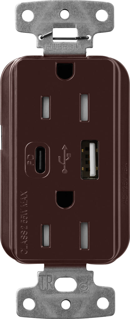 Lutron Claro CAR-15-ACTR-BR USB-A + USB-C PD duplex receptacle, gloss finish, Brown