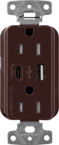 Lutron Claro CAR-15-ACTR-BR USB-A + USB-C PD duplex receptacle, gloss finish, Brown