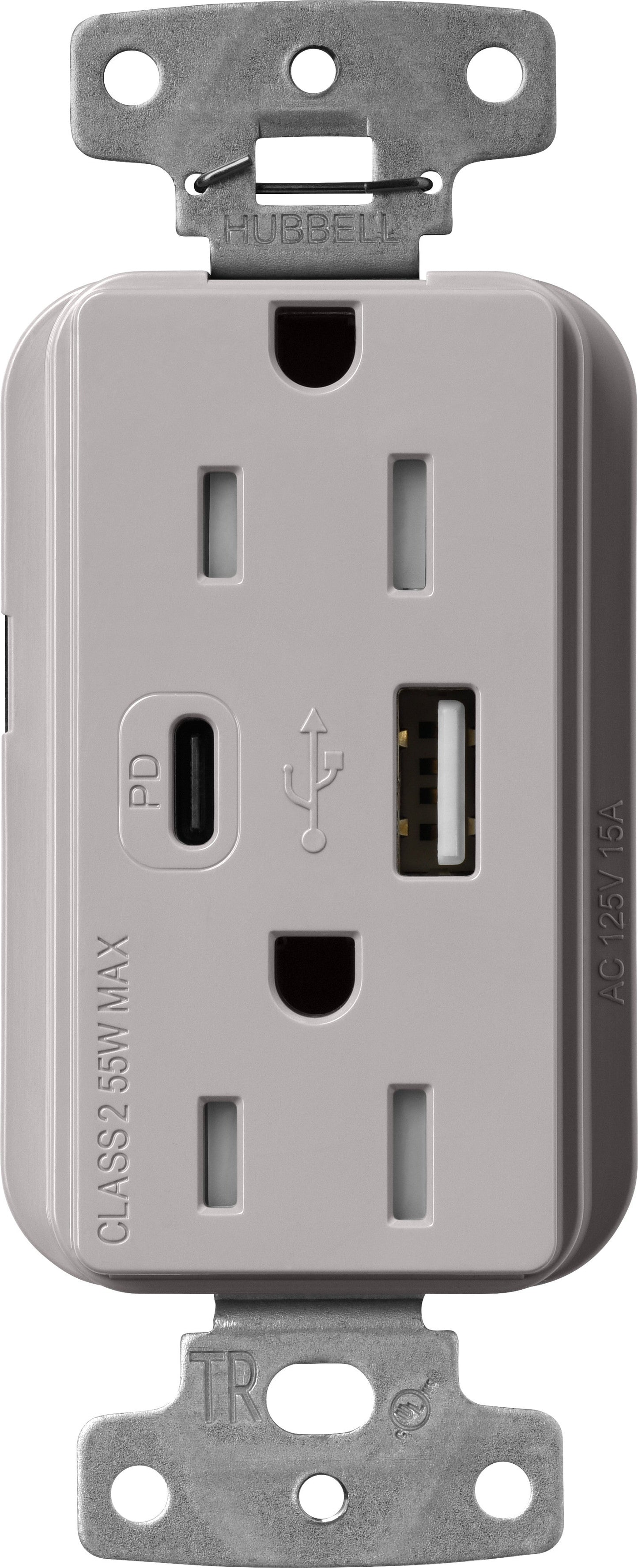 Lutron Claro CAR-15-ACTR-GR USB-A + USB-C PD duplex receptacle, gloss finish, Gray