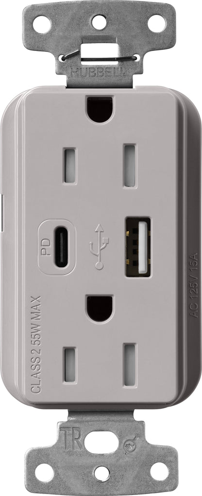 Lutron Claro CAR-15-ACTR-GR USB-A + USB-C PD duplex receptacle, gloss finish, Gray