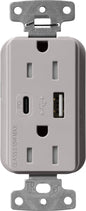 Lutron Claro CAR-15-ACTR-GR USB-A + USB-C PD duplex receptacle, gloss finish, Gray
