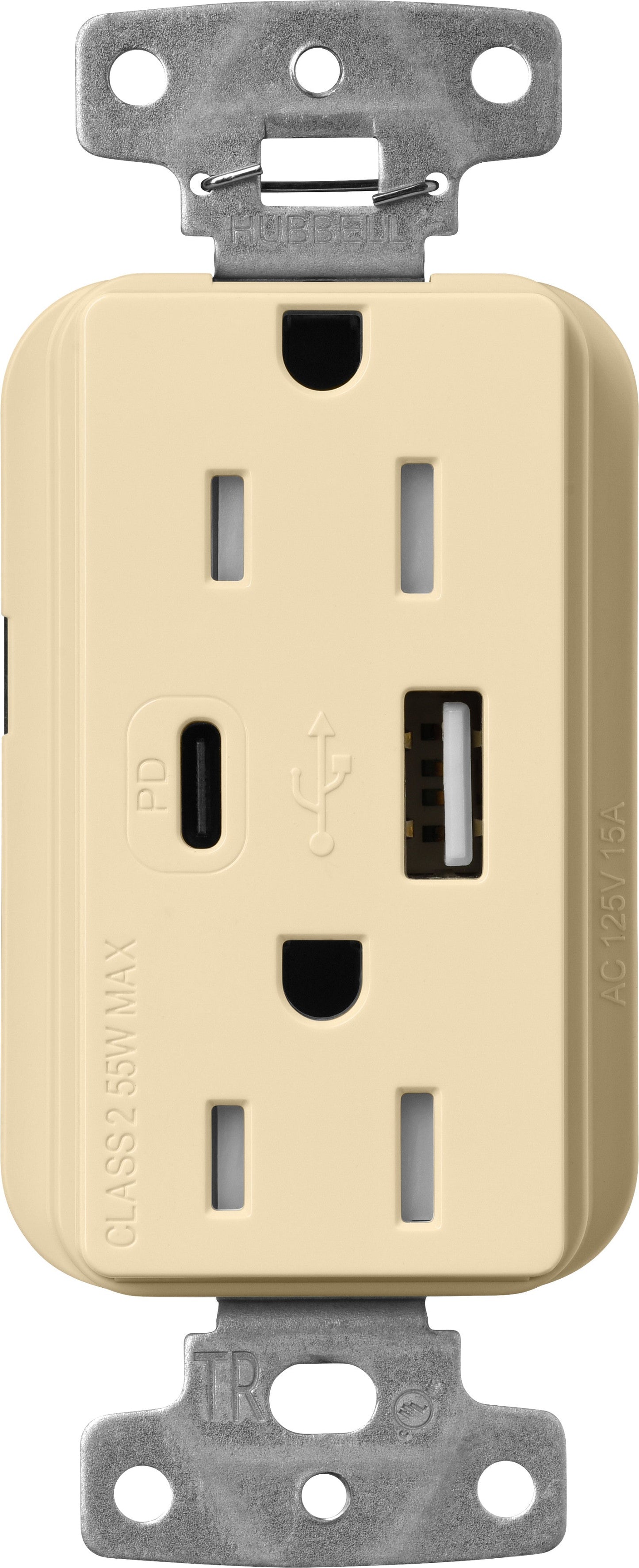 Lutron Claro CAR-15-ACTR-IV USB-A + USB-C PD duplex receptacle, gloss finish, Ivory