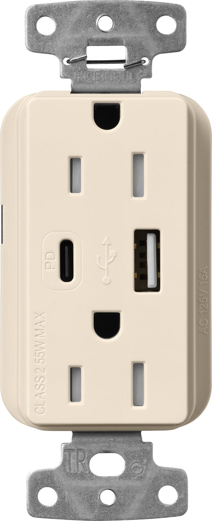 Lutron Claro CAR-15-ACTR-LA USB-A + USB-C PD duplex receptacle, gloss finish, Light Almond