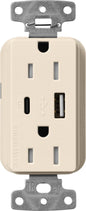 Lutron Claro CAR-15-ACTR-LA USB-A + USB-C PD duplex receptacle, gloss finish, Light Almond