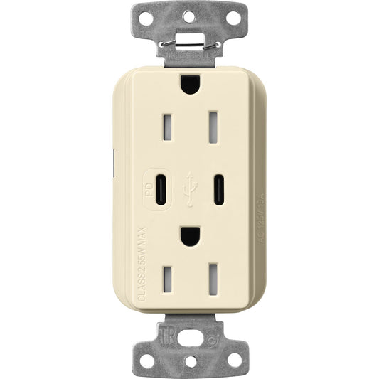 Lutron Claro CAR-15-CCTR-AL Dual USB-C (1 PD) duplex receptacle, gloss finish, Almond