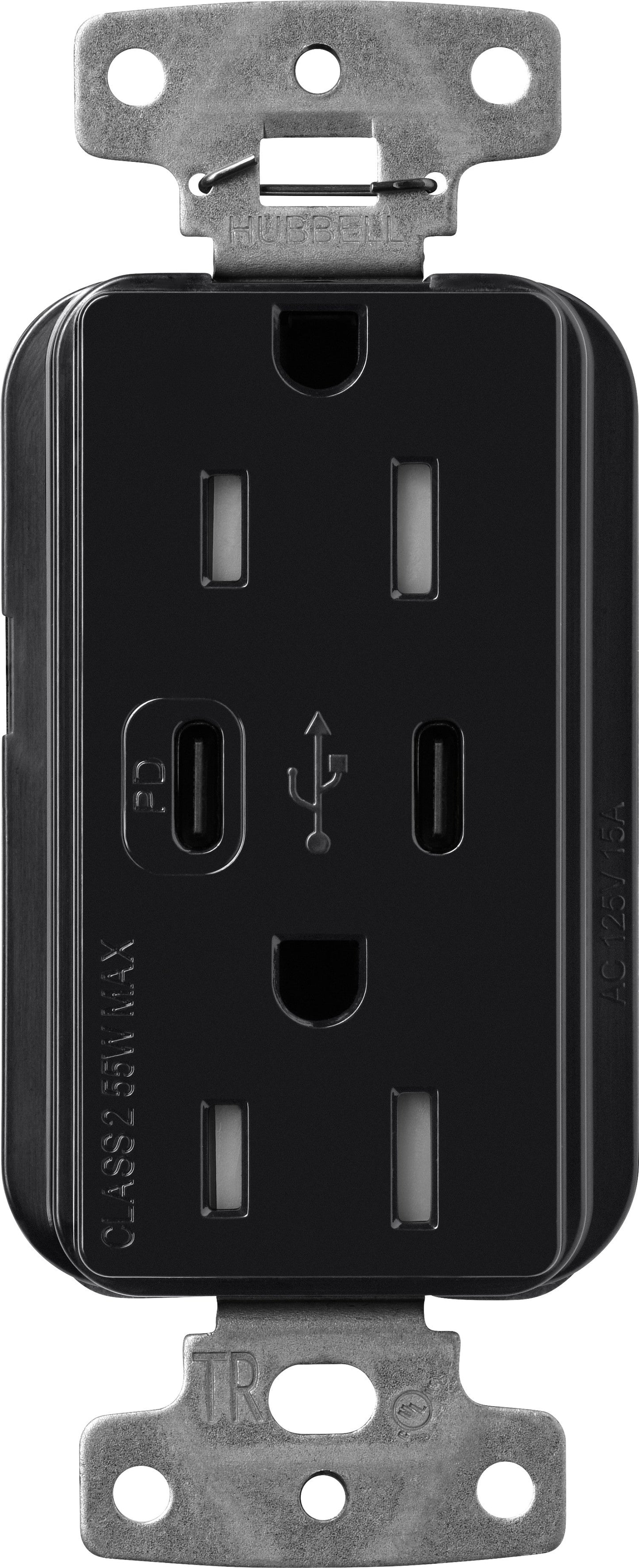 Lutron Claro CAR-15-CCTR-BL Dual USB-C (1 PD) duplex receptacle, gloss finish, Black