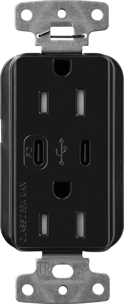 Lutron Claro CAR-15-CCTR-BL Dual USB-C (1 PD) duplex receptacle, gloss finish, Black