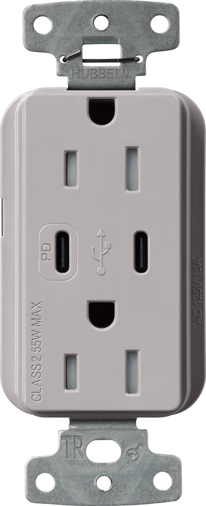 Lutron Claro CAR-15-CCTR-GR Dual USB-C (1 PD) duplex receptacle, gloss finish, Gray