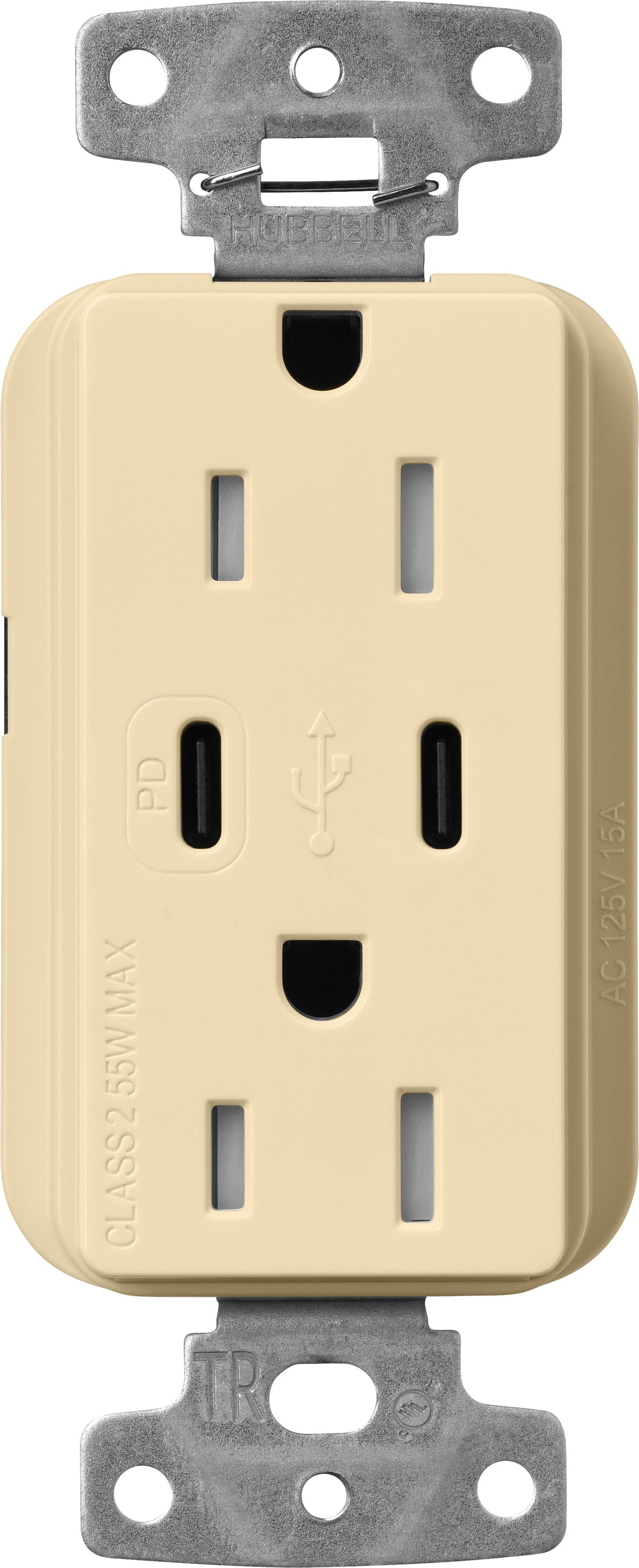 Lutron Claro CAR-15-CCTR-IV Dual USB-C (1 PD) duplex receptacle, gloss finish, Ivory