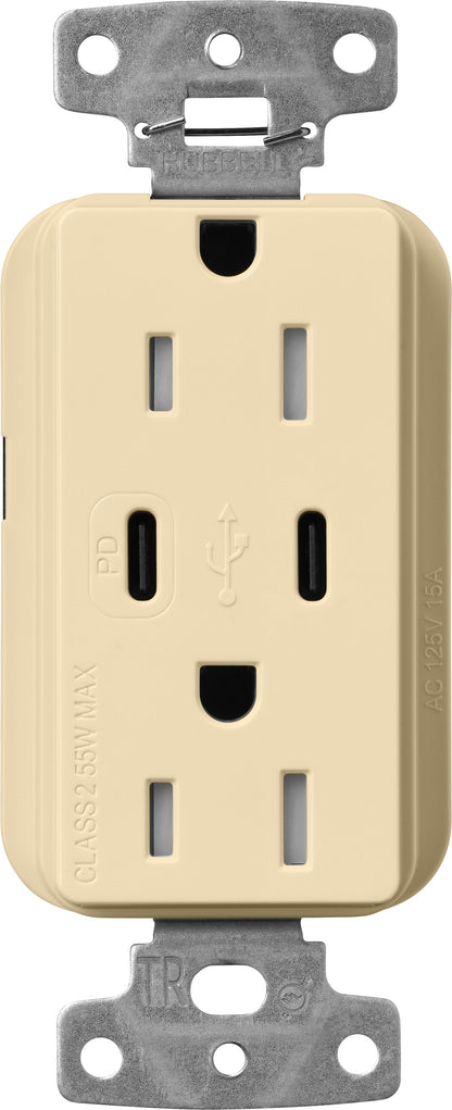Lutron Claro CAR-15-CCTR-IV Dual USB-C (1 PD) duplex receptacle, gloss finish, Ivory