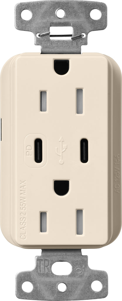 Lutron Claro CAR-15-CCTR-LA Dual USB-C (1 PD) duplex receptacle, gloss finish, Light Almond
