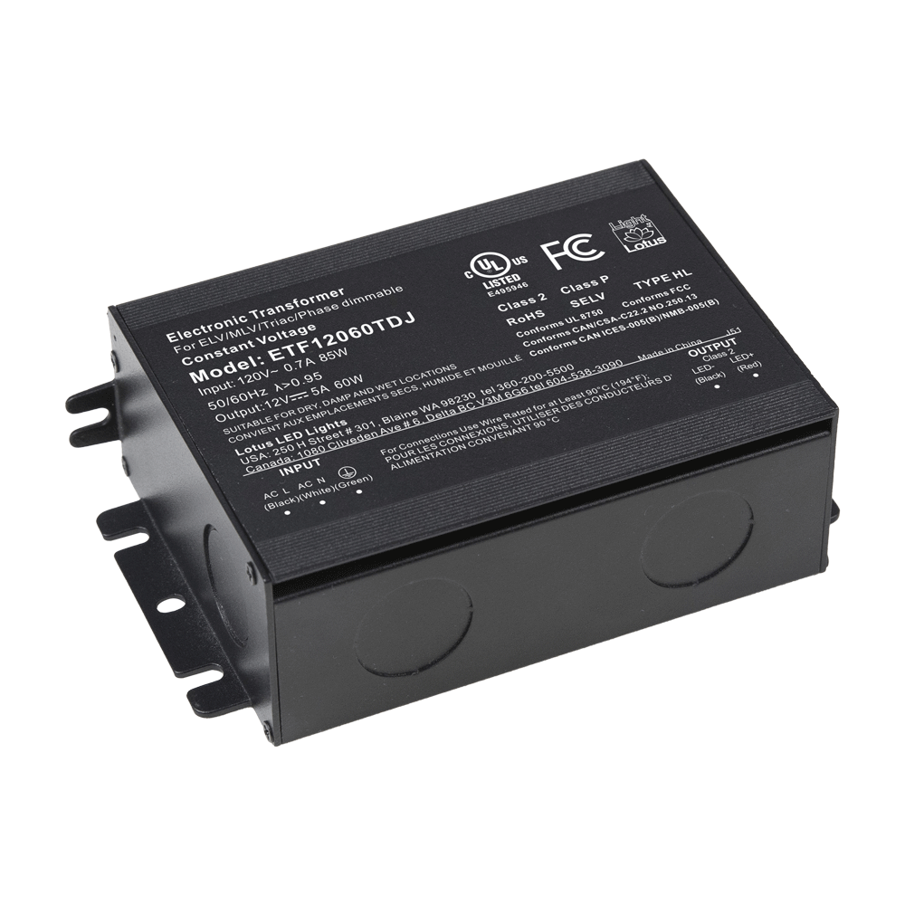 Product Display Visual of the SKU: ETF12060TDJ for Marketing of theLotus 12V DC 60W Electronic Transformer in J-box Triac Dim 120VAC | ETF12060TDJ
