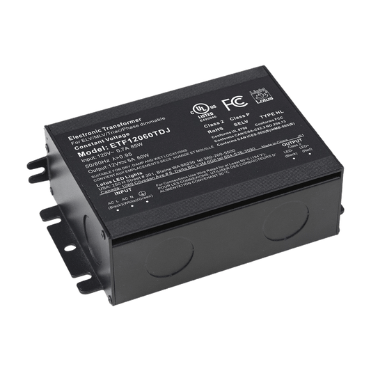 Product Display Visual of the SKU: ETF12060TDJ for Marketing of theLotus 12V DC 60W Electronic Transformer in J-box Triac Dim 120VAC | ETF12060TDJ