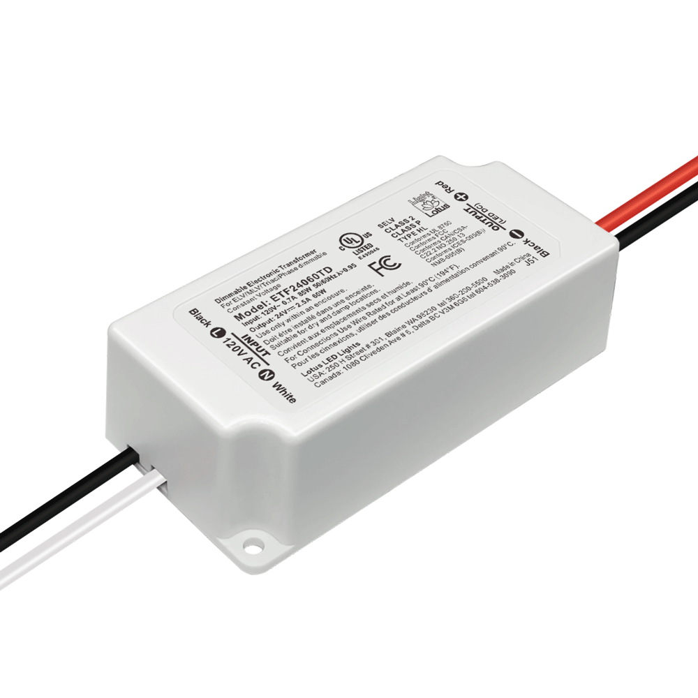 Product Display Visual of the SKU: ETF24060TD for Marketing of theLotus 24V DC 60W Mini Electronic Transformer Triac Dim 120VAC | ETF24060TD