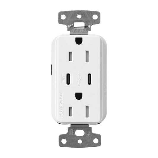 Lutron Claro CAR-15-CCTR-WH Dual USB-C (1 PD) duplex receptacle, gloss finish, White