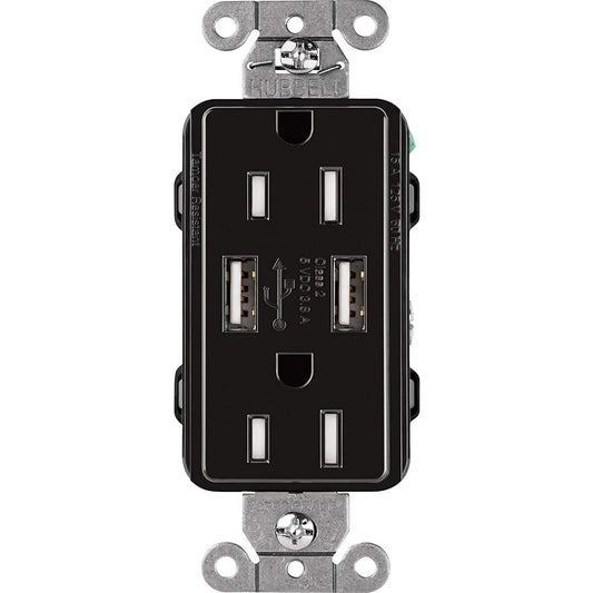 Lutron Claro USB Type A 2.0 Duplex Receptacle, 15 Amp, Black