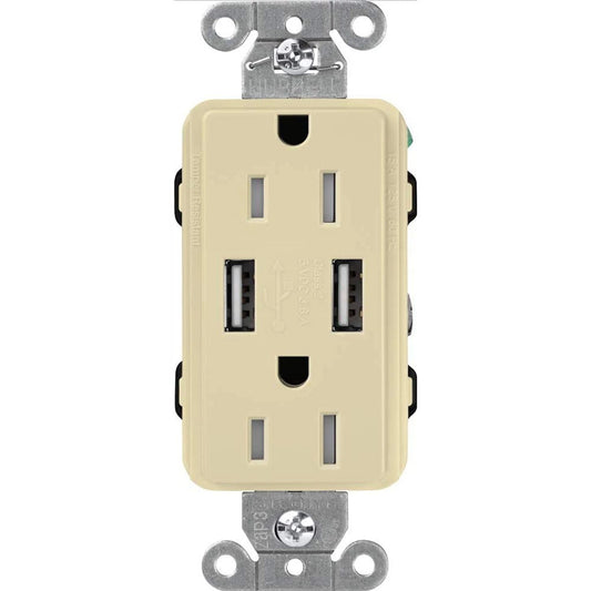 Lutron Claro USB Type A 2.0 Duplex Receptacle, 15 Amp, Ivory