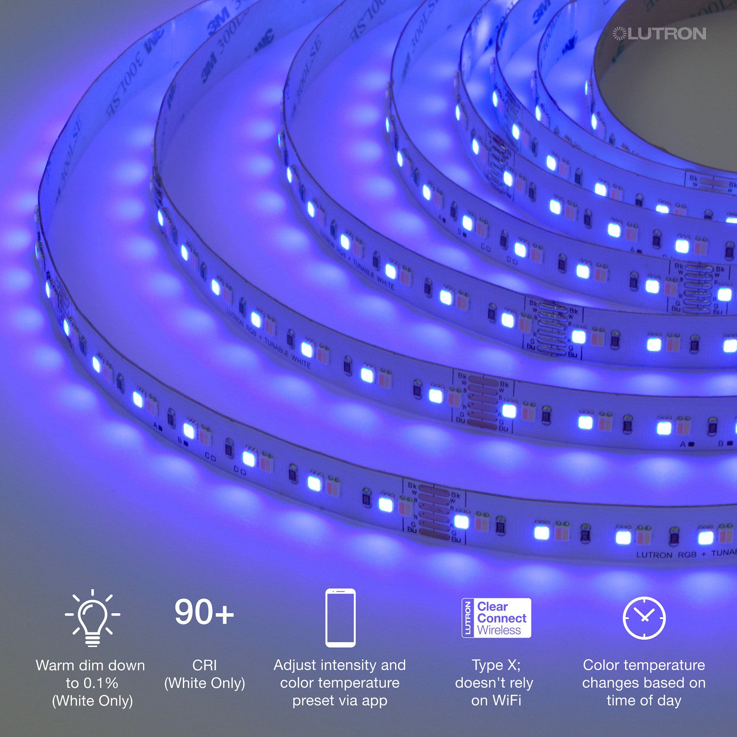 Lutron Lumaris RGB + tunable white tape light application detail, SKU LU-T30-RT-IN