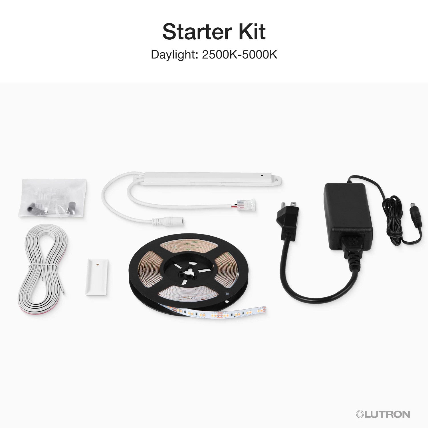 Lutron Lumaris RadioRA 3 tunable white tape light starter kit components, SKU RRL-TLK-TW-IN